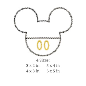 May include: Black and white outline of Mickey Mouse's head with two yellow circles for ears. The image includes text that says "4 Sizes:" and lists four sizes in inches: 3 x 2 in, 4 x 3 in, 5 x 4 in, and 6 x 5 in.