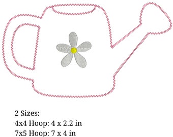 Watering Can Spring Applique. 4x4 and 5x7. pes, dst, exp, jef, vip, vp3, hus, and xxx. Machine Embroidery Design