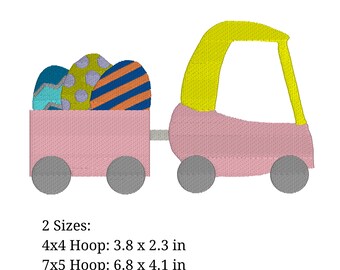 Kids Coupe with Easter Egg Trailer Embroidery Design. pes, dst, exp, hus, jef, vp3, xxx, and vip. Easter Machine Embroidery Design