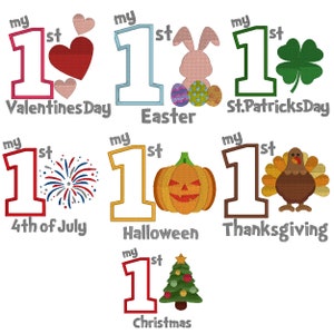 May include: A set of nine embroidery designs featuring the number one with different holiday themes. The designs include Valentine's Day, Easter, St. Patrick's Day, 4th of July, Halloween, Thanksgiving, and Christmas.