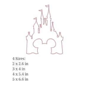 May include: Outline of a pink Disney castle with four sizes listed: 2 x 2.6 in, 3 x 4 in, 4 x 5.4 in, and 5 x 6.6 in.