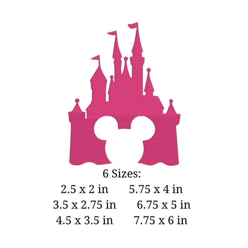 K&ouml;nnte beinhalten: Rosa Silhouette eines Schlosses mit ausgeschnittenen Mickey-Maus-Ohren in der Mitte. Das Bild enth&auml;lt den Text "6 Gr&ouml;&szlig;en:" und listet sechs verschiedene Gr&ouml;&szlig;en in Zoll auf.