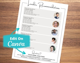 Lender Recommendations List, Real Estate Resource, Realtor Referrals, Buyer Tools, Home Selling Kit, Real Estate Marketing, Loan Officers