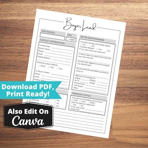 Real Estate Buyer Lead Sheet, Cheat Sheet For Agents, Buyer Questionnaire, Buyer Information Capture Form, Broker Tools To Help Home Buyers
