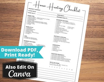 House Hunting Checklist, Home Buyers, House Hunting Checklist, Home Viewing Tour List, Real Estate Helpful List, Downloadable, Print Ready
