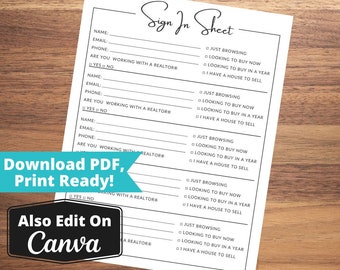 Open House Sign In Sheet, PDF Print, Downloadable Ready To Use, Real Estate Event, Lead Capture, Home Selling Tools For Real Estate Agents