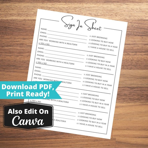 Open House Sign In Sheet, PDF Print, Downloadable Ready To Use, Real Estate Event, Lead Capture, Home Selling Tools For Real Estate Agents