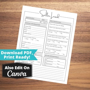 Puede incluir: Un formulario de prospección de vendedor imprimible en blanco y negro con secciones para la información de contacto, un cuestionario de vendedor y una agenda de citas. El formulario incluye campos para los datos de contacto, el método de contacto preferido, el valor de mercado estimado, la información sobre la hipoteca y los detalles de los inquilinos. El formulario también incluye una sección para programar citas con fechas y horas.