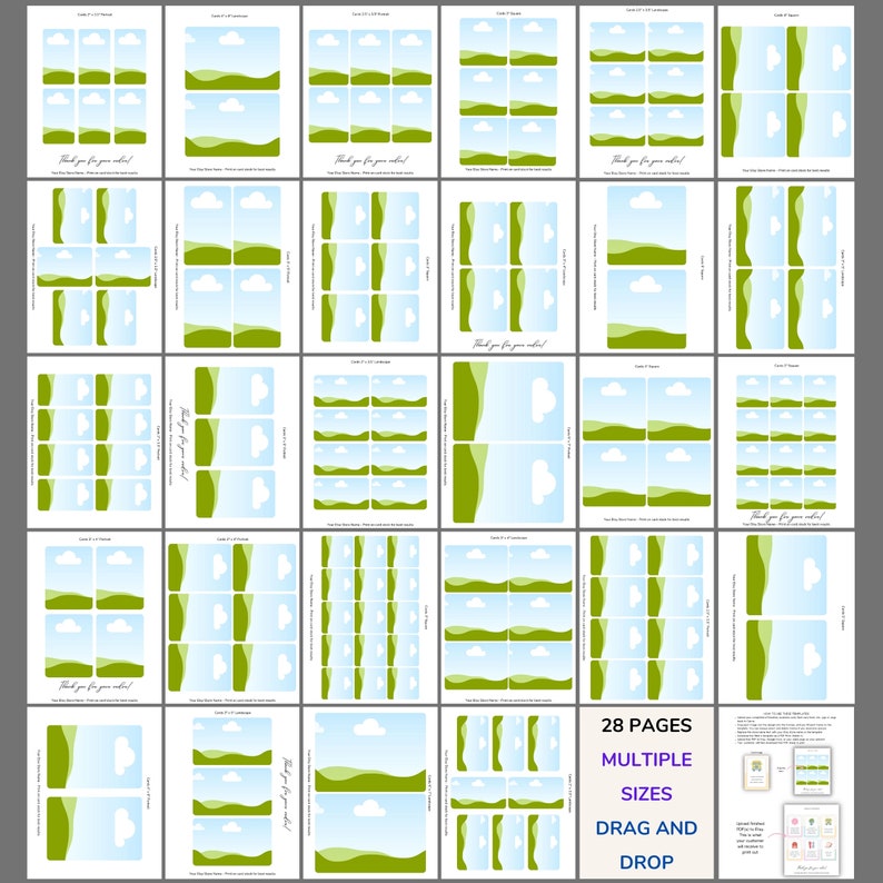 May include: Printable digital download of 28 pages of green and blue landscape themed thank you cards. The cards feature a variety of sizes and layouts with text that says "Thank you for your order!"