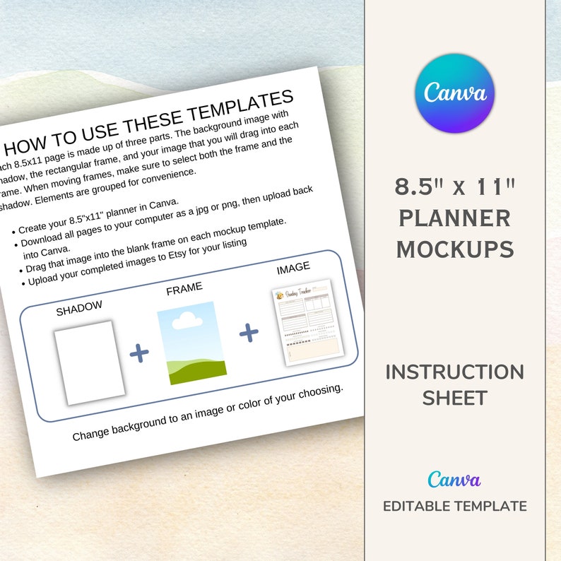 May include: How to use these planner mockup templates.  Instructions for creating and uploading 8.5 x 11 inch planner designs to Etsy.  The image shows a white background with three boxes labeled "Shadow", "Frame", and "Image".  Each box contains a placeholder for a planner design.