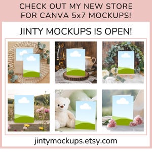 May include: Six mockups of a 5x7 inch card with a green hill and a white cloud design. The cards are displayed in different settings, including a wooden table, a white surface, and a floral arrangement.