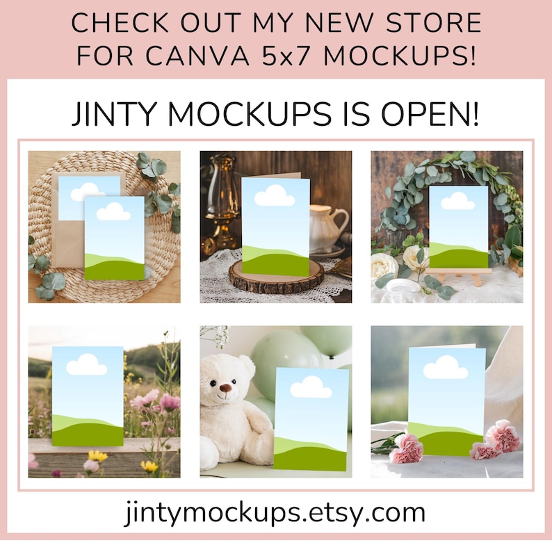May include: Six mockups of a 5x7 inch card with a green hill and a white cloud design. The cards are displayed in different settings, including a wooden table, a white surface, and a floral arrangement.
