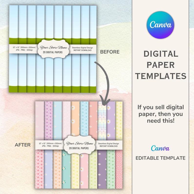 May include: A before and after image showing how to use a Canva template to create digital paper. The before image shows a plain blue and green background. The after image shows 20 different patterned digital papers with a variety of colors and designs. The text on the image reads "Your Store Name 20 Digital Papers Seamless Digital Design Instant Download".