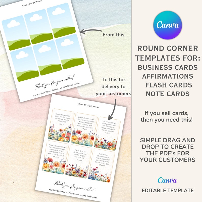 May include: A Canva template for creating business cards, affirmations, flash cards, and note cards. The template features a simple design with rounded corners and a "Thank you for your order!" message at the bottom. The template is editable and can be customized with your own text and images.