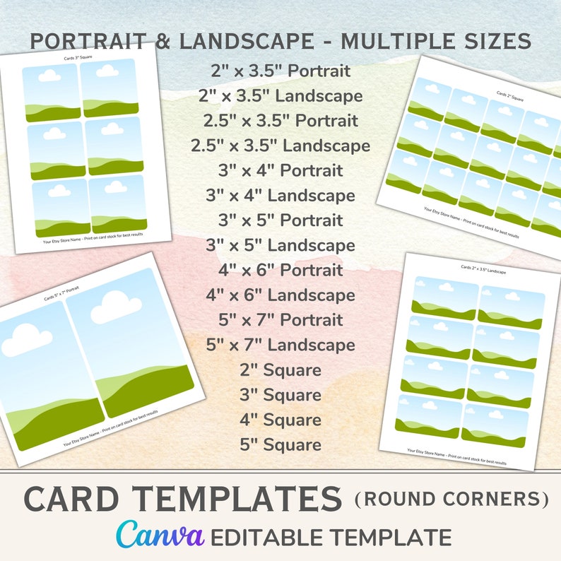 May include: Printable card templates for portrait and landscape orientations in various sizes, including 2x3.5 inches, 2.5x3.5 inches, 3x4 inches, 3x5 inches, 4x6 inches, and 5x7 inches.  Also includes square templates in 2, 3, 4, and 5 inch sizes.  The templates feature a simple design with a blue sky, white clouds, and green grass.