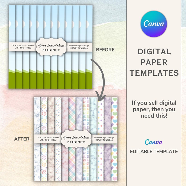 May include: A digital paper template mockup showing 12 different seamless patterns in pastel colors. The patterns include hearts, polka dots, plaid, and marble. The text on the mockup reads "Your Store Name 12 Digital Papers Seamless Digital Design Instant Download".