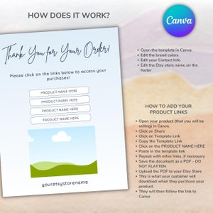 May include: A blue and white Canva template with the text "Thank You for Your Order!" and instructions on how to add product links to your Etsy store. The template includes a section for product names and a place to add your Etsy store name.