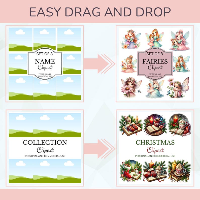 May include: A digital download of eight fairy illustrations. The fairies are wearing colorful dresses and have wings. The illustrations are perfect for adding a touch of magic to your crafts and projects. The text on the image reads "Set of 8 Fairies Clipart, Personal and Commercial Use."