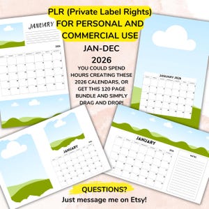 May include: A collection of 2026 calendars with a landscape design. The calendars are white with a monthly layout and include the month of January. Text on the image includes "PLR (Private Label Rights)" and "FOR PERSONAL AND COMMERCIAL USE".