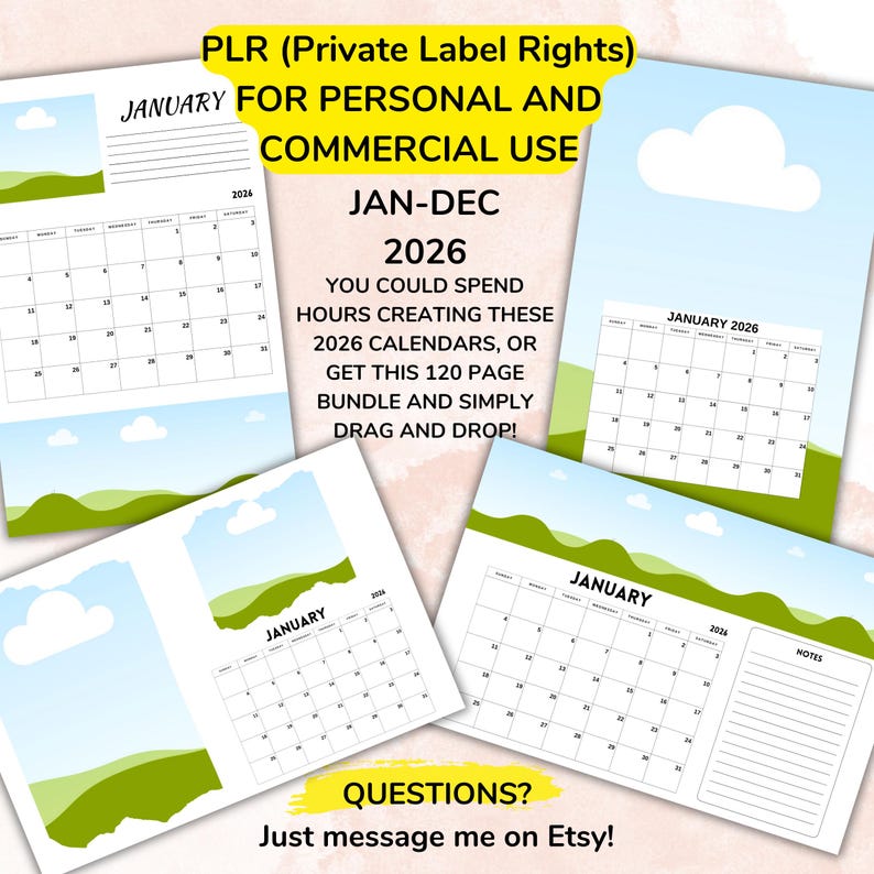May include: A collection of 2026 calendars with a landscape design. The calendars are white with a monthly layout and include the month of January. Text on the image includes "PLR (Private Label Rights)" and "FOR PERSONAL AND COMMERCIAL USE".