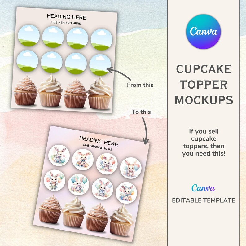 Canva Digital Cupcake Topper Mockups for Etsy Sellers Easily Create Your Listing Images, With