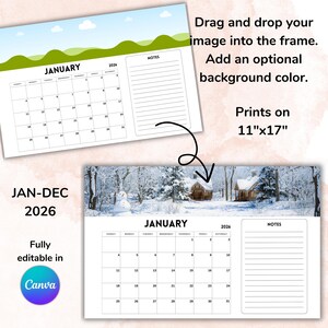 May include: Two 2026 January calendars with a landscape background. One calendar has a green and blue background, the other has a winter scene. The calendars are fully editable in Canva and print on 11"x17" paper.