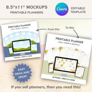 May include: Mockup of a printable planner with a sunflower design. The planner is shown on a computer screen, a tablet, and a phone. The text on the planner says "Printable Planner Daily, Weekly, Monthly" and "30 Pages - Print at Home".
