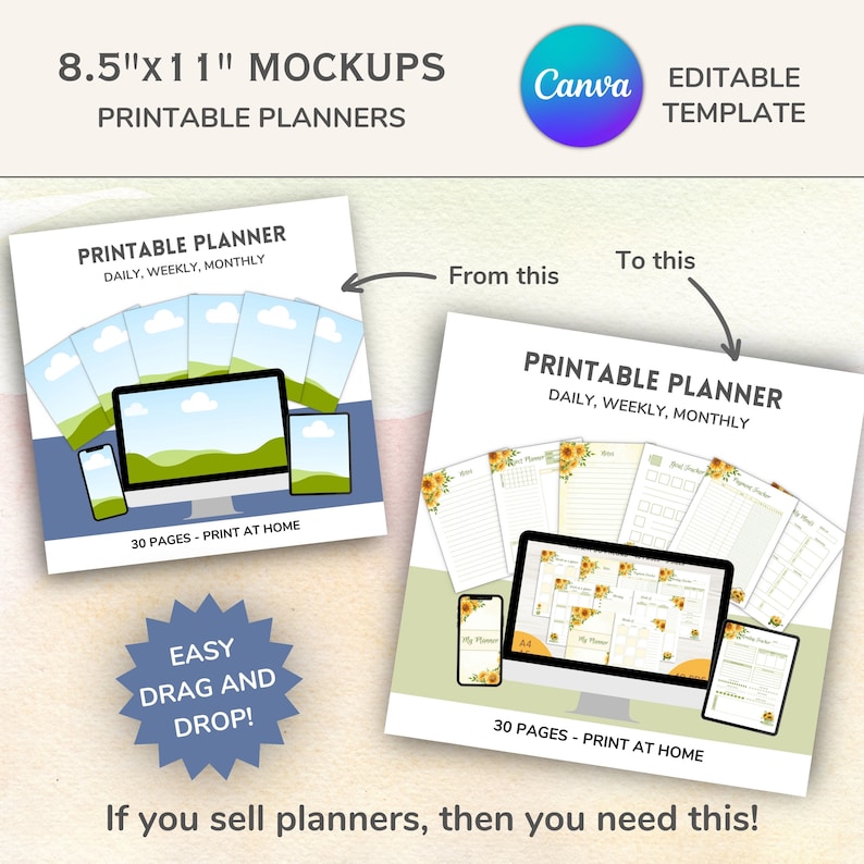 May include: Mockup of a printable planner with a sunflower design. The planner is shown on a computer screen, a tablet, and a phone. The text on the planner says "Printable Planner Daily, Weekly, Monthly" and "30 Pages - Print at Home".