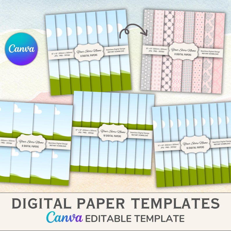 May include: A digital paper template for Canva featuring 10 different designs. The designs include a blue sky with white clouds, green grass, and a white circle with the text "Your Store Name" and "10 Digital Papers".