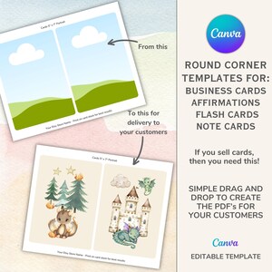 May include: Editable Canva template for creating business cards, affirmations, flash cards, and note cards. The template features a simple drag and drop interface to create professional-looking cards with rounded corners. The text on the template reads "Round Corner Templates for: Business Cards, Affirmations, Flash Cards, Note Cards. If you sell cards, then you need this! Simple drag and drop to create the PDF's for your customers. Canva Editable Template."