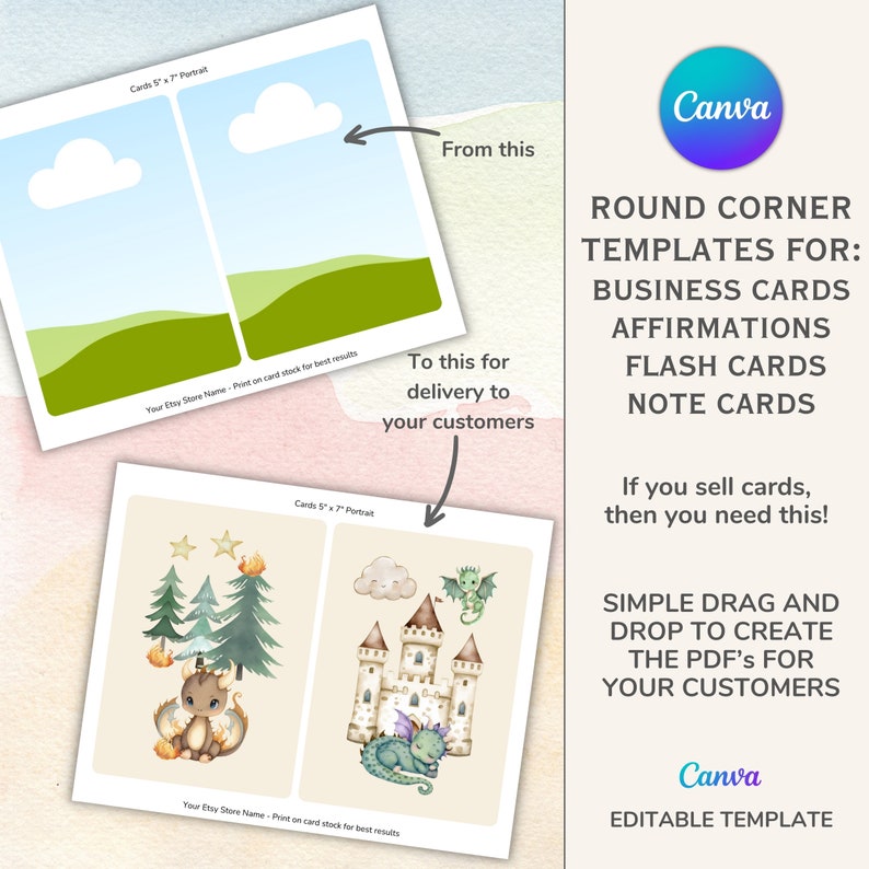 May include: Editable Canva template for creating business cards, affirmations, flash cards, and note cards. The template features a simple drag and drop interface to create professional-looking cards with rounded corners. The text on the template reads "Round Corner Templates for: Business Cards, Affirmations, Flash Cards, Note Cards. If you sell cards, then you need this! Simple drag and drop to create the PDF's for your customers. Canva Editable Template."