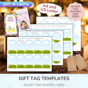 May include: Printable Easter gift tag templates in 16 different shapes and sizes. The tags feature a green hill, blue sky, and white clouds. The text on the page reads "Gift Tag Templates" and "16 Gift Tag Shapes / Sizes".