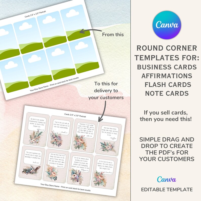 May include: A Canva template for creating round corner cards, such as business cards, affirmations, flash cards, and note cards. The template shows a before and after image of the cards, with the before image showing a simple design and the after image showing a more elaborate design with floral accents. The text on the template reads "Round Corner Templates for: Business Cards, Affirmations, Flash Cards, Note Cards. If you sell cards, then you need this! Simple drag and drop to create the PDF's for your customers. Canva Editable Template."