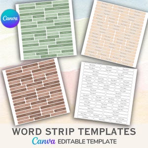 May include: Printable word strip templates with text boxes for writing. The templates are in three different color schemes: green, brown, and white. The text in the image reads "WORD STRIP TEMPLATES Canva EDITABLE TEMPLATE".