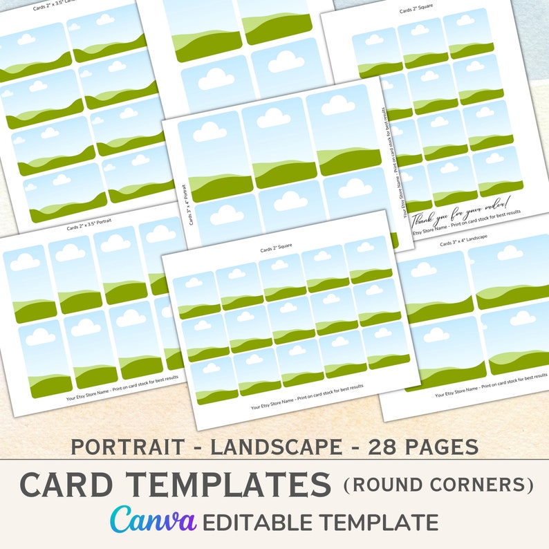 May include: A set of 28 printable card templates featuring a landscape design with green hills, white clouds, and a blue sky. The templates are designed for use with Canva and have rounded corners. The text "Thank you for your order!" is included on one of the templates.