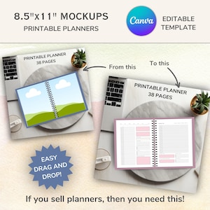 May include: Mockup of a printable planner with 38 pages. The planner is open and lying flat on a table with a laptop and a potted plant. The planner has a pink cover and a spiral binding. The text "Printable Planner 38 Pages" is visible on the cover. The text "Easy Drag and Drop!" is visible in a blue starburst shape. The text "If you sell planners, then you need this!" is visible at the bottom of the image.