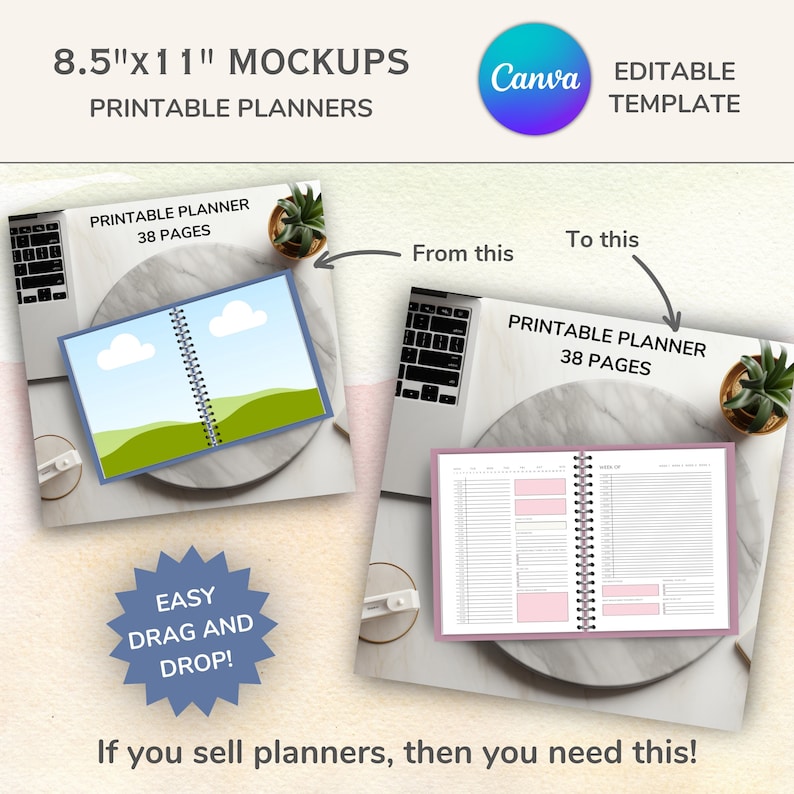 May include: Mockup of a printable planner with 38 pages. The planner is open and lying flat on a table with a laptop and a potted plant. The planner has a pink cover and a spiral binding. The text "Printable Planner 38 Pages" is visible on the cover. The text "Easy Drag and Drop!" is visible in a blue starburst shape. The text "If you sell planners, then you need this!" is visible at the bottom of the image.