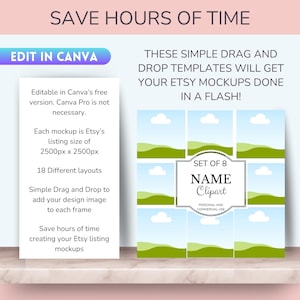 May include: Set of 8 editable name clipart templates for Etsy listings. Each template features a green hill and blue sky with white clouds. The templates are 2500 pixels by 2500 pixels and can be used for personal and commercial use.