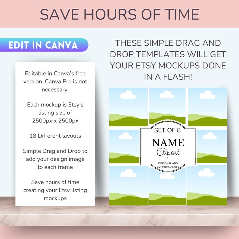 May include: Set of 8 editable name clipart templates for Etsy listings. Each template features a green hill and blue sky with white clouds. The templates are 2500 pixels by 2500 pixels and can be used for personal and commercial use.