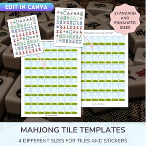 May include: Mahjong tile templates in four sizes for tiles and stickers. The image shows printed sheets with various Mahjong tile designs and a pink label that says "Standard and Enhanced Sizes". The text "Edit in Canva" is at the top.