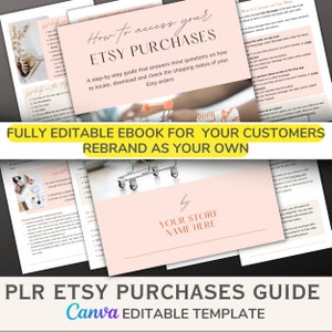 Könnte beinhalten: Ein rosa-weißes E-Book-Cover mit dem Titel "So greifen Sie auf Ihre Etsy-Käufe zu" und dem Text "Vollständig editierbares E-Book für Ihre Kunden Rebrand as your own". Das Cover zeigt ein Einkaufswagen-Symbol und den Text "PLR Etsy Purchases Guide Canva Editable Template".