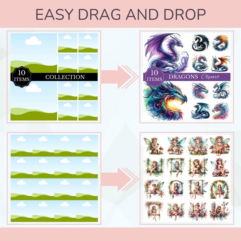 May include: A digital collage sheet with 10 images of colorful dragons. The sheet is labeled "10 ITEMS DRAGONS Clipart".