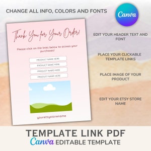 May include: A pink and white Canva template with the text "Thank You for Your Order!" and a graphic of a cloud and grass. The template includes placeholders for product names, clickable links, an image of a product, and an Etsy store name.