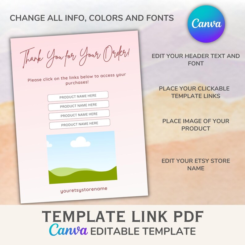 May include: A pink and white Canva template with the text "Thank You for Your Order!" and a graphic of a cloud and grass. The template includes placeholders for product names, clickable links, an image of a product, and an Etsy store name.
