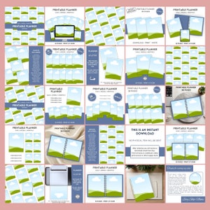 May include: A digital planner with 38 pages, featuring a blue and green landscape with white clouds. The planner is available as an instant download and can be printed at home. The text "Printable Planner" and "Daily, Weekly, Monthly" is included in the image.