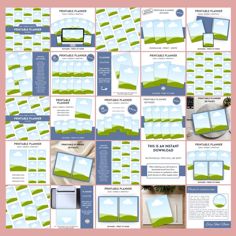May include: A digital planner with 38 pages, featuring a blue and green landscape with white clouds. The planner is available as an instant download and can be printed at home. The text "Printable Planner" and "Daily, Weekly, Monthly" is included in the image.
