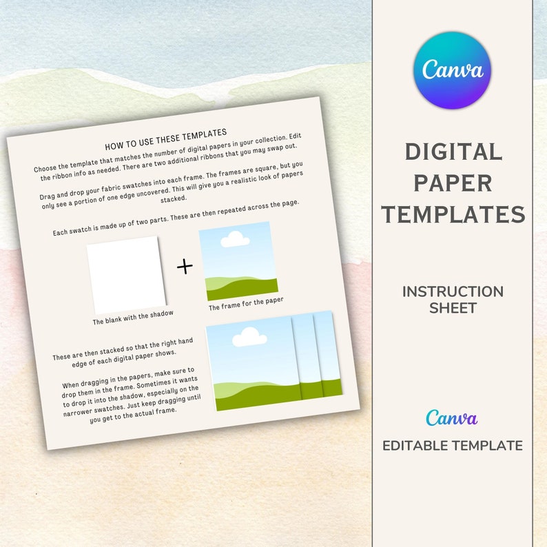 May include: Instruction sheet for digital paper templates. The sheet shows how to use the templates to create a realistic look of stacked paper. The sheet includes a diagram showing a blank with a shadow and a frame for the paper.