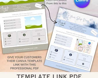 May include: A blue and white Canva template with the text "Thank You" and "Your Shop Name". The template includes a discount code, links to products, and social media icons. The template is customisable and can be edited in Canva.