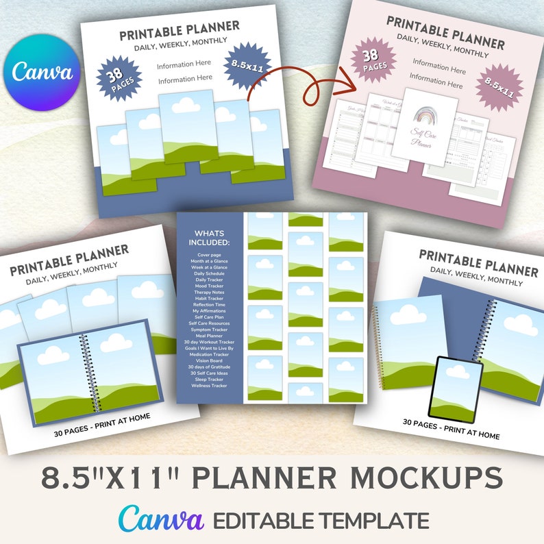 May include: Mockups of printable planner templates in 8.5x11 inch size. The planners feature a blue and green landscape design with clouds. The text "PRINTABLE PLANNER DAILY, WEEKLY, MONTHLY" is visible on the covers. The text "WHATS INCLUDED" is visible on one of the mockups, listing various planner features.