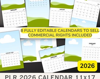 Etsy 販売者向け PLR 2026 11&quot;x17&quot; カレンダー テンプレート - シンプルなドラッグ アンド ドロップ テンプレートを使用して、販売用のカレンダーを簡単に作成できます。